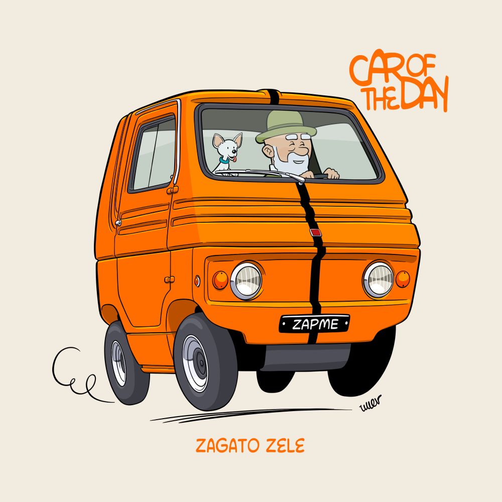 Ligne claire illustration of the Italian Zagato Zele, electric microcar, driven by an old man and his little dog in the passenger seat.