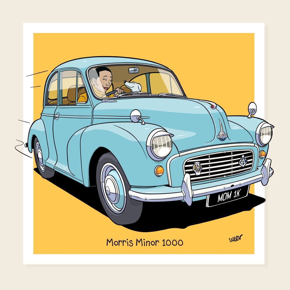 Ligne claire illustration of a Morris Minor 1000
