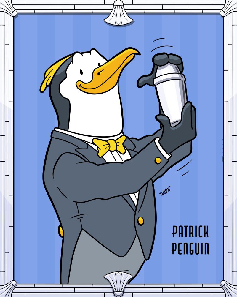 Ligne claire styled illustration of a penguin dressed in a tuxedo working as a bartender.