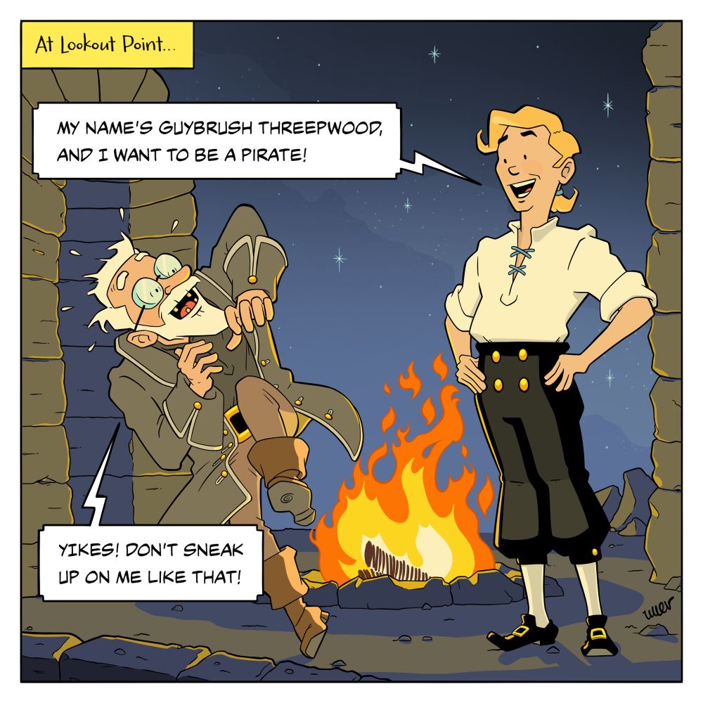 Ligne claire illustration homage of The Monkey Island characters, Guybrush Threepwood and the lookout.