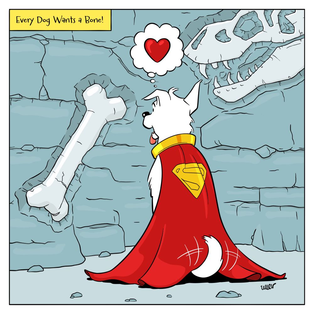 A ligne claire style illustration of Krypto, the super dog, looking hungrily at a dinosaur bone.