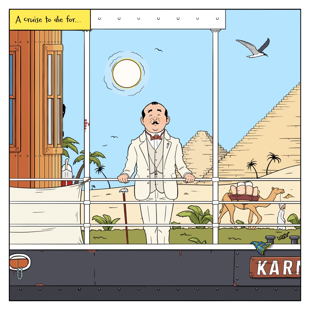 Ligne claire–style illustration of Hercule Poirot standing at the railing of a Nile cruise boat, with a camel walking along the banks of the Nile and pyramids in the distance.