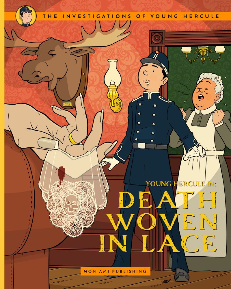 Ligne claire style illustration of a fictional album cover of a young Hercule Poirot as a Belgian police officer. A lifeless hand is seen holding a Brussel lace with a skull woven on it, while Poirot and a maid is horrified by the scene.