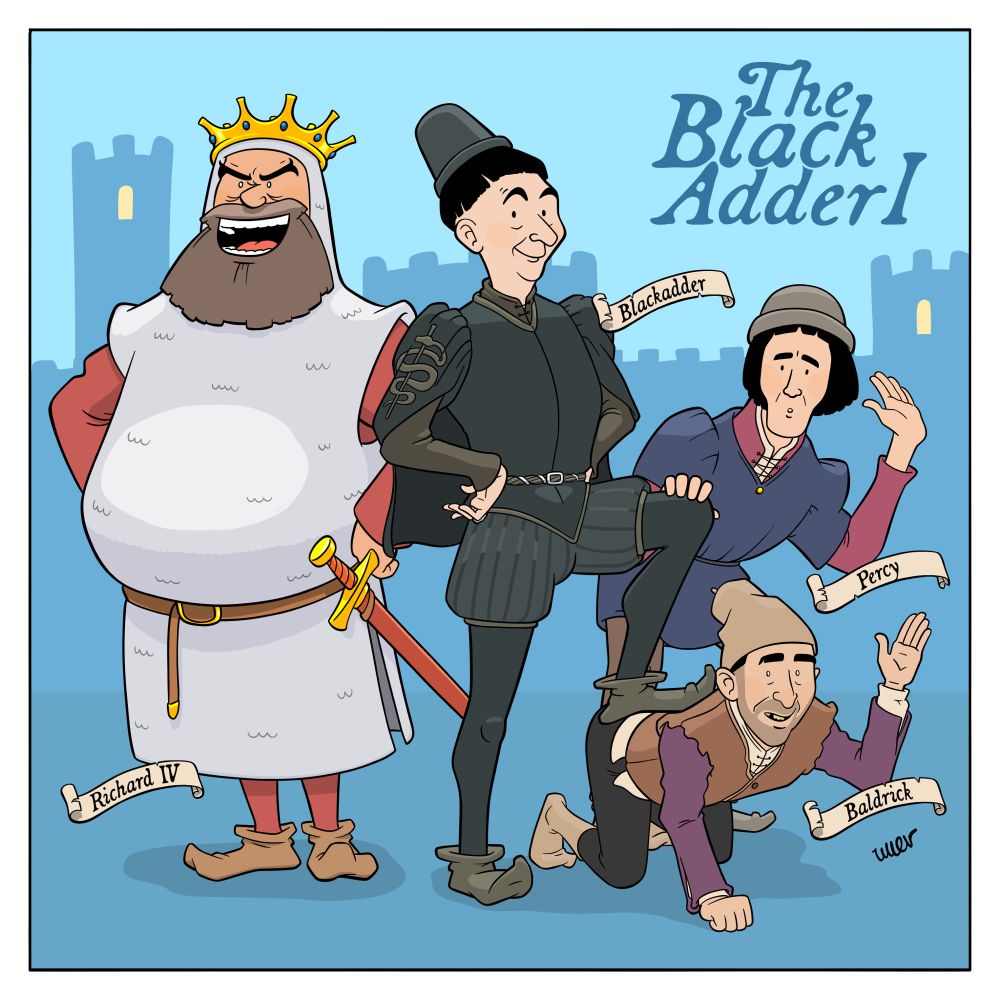 Ligne claire style illustration of the characters Blackadder, Richard IV, Percy and Baldrick from the UK sitcom series The Black Adder.