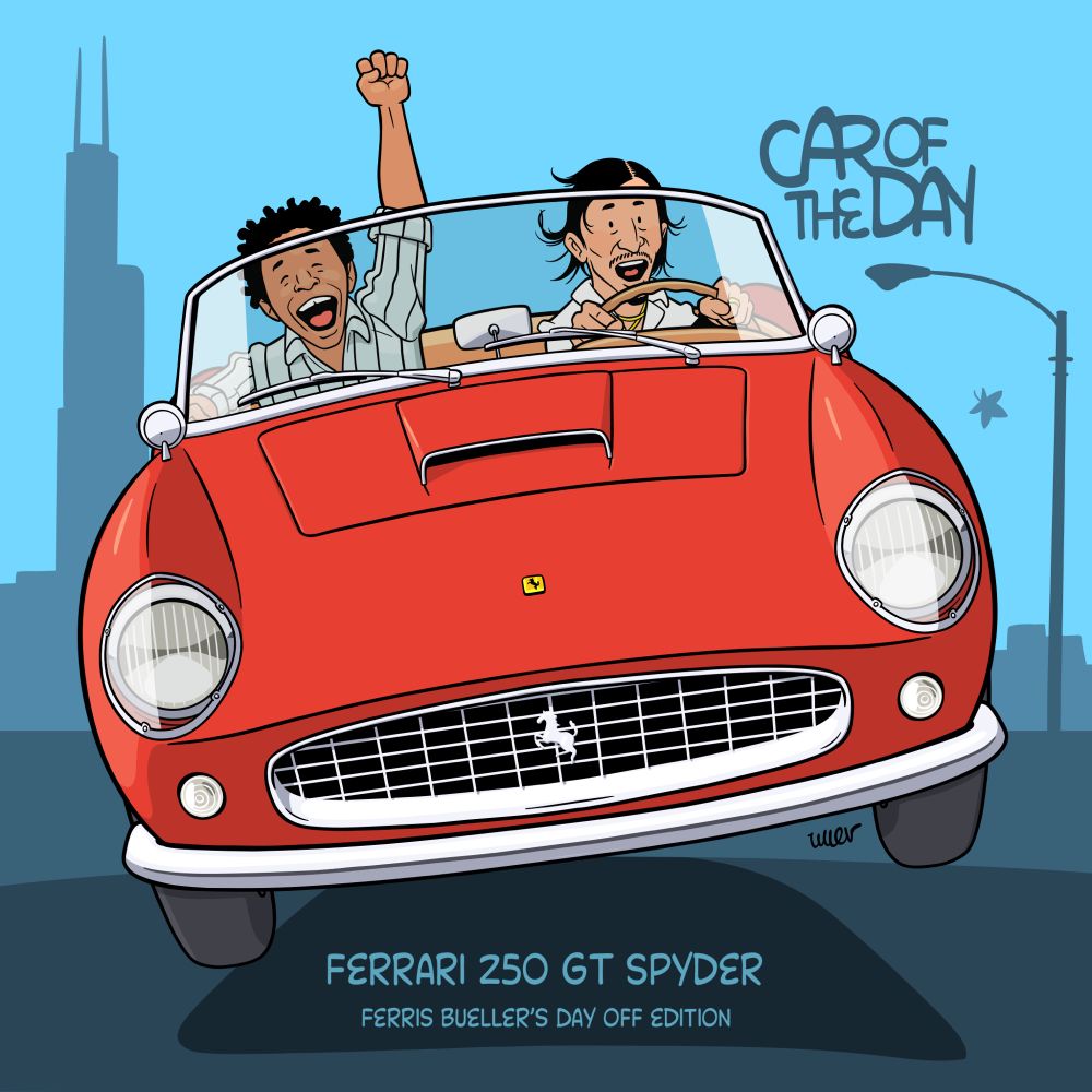 Ligne claire styled illustration of the two valets jumping a Ferrari 250 GT Spyder from the film Ferris Bueller’s Day Off. 