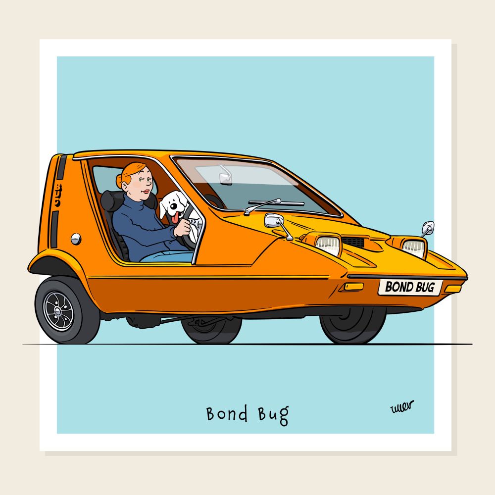 Ligne claire illustration of a Bond Bug
