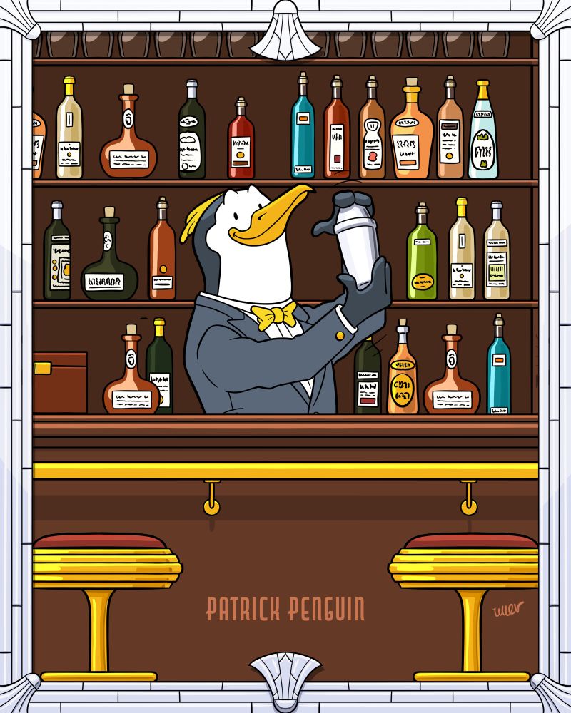 Ligne claire styled illustration of a penguin dressed in a tuxedo working as a bartender.