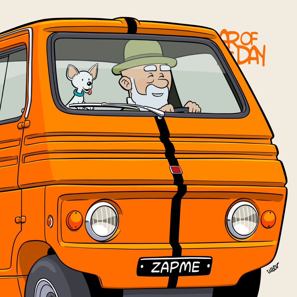 Ligne claire illustration of the Italian Zagato Zele, electric microcar, driven by an old man and his little dog in the passenger seat.