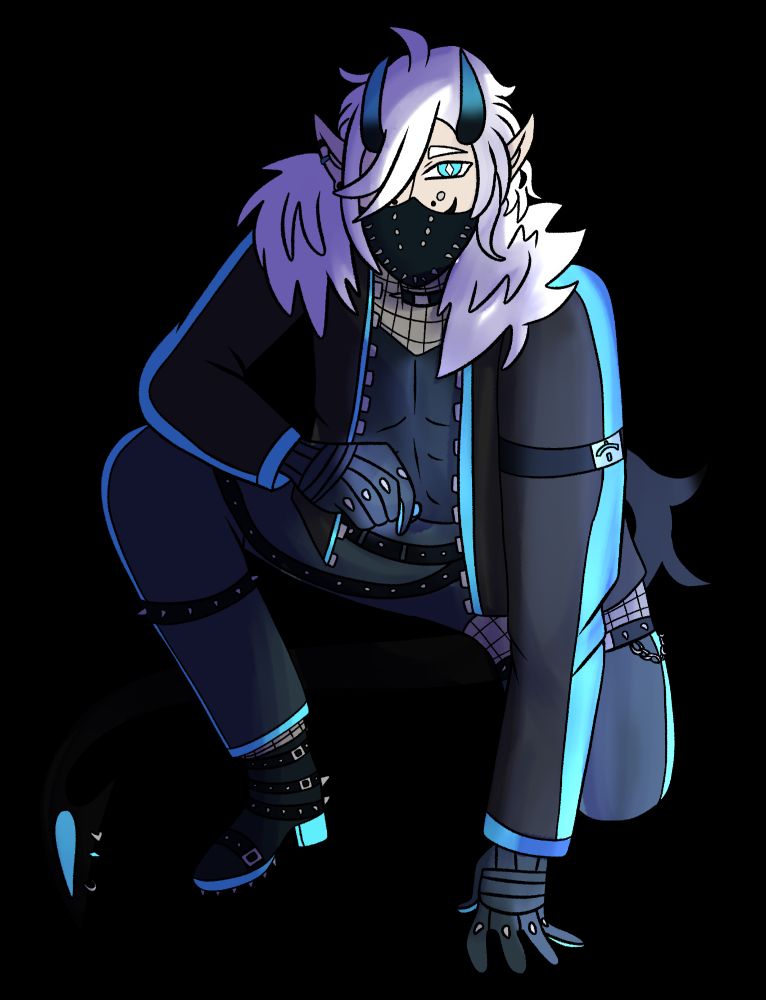 A crouched down figure with a blue, black, and white color scheme.