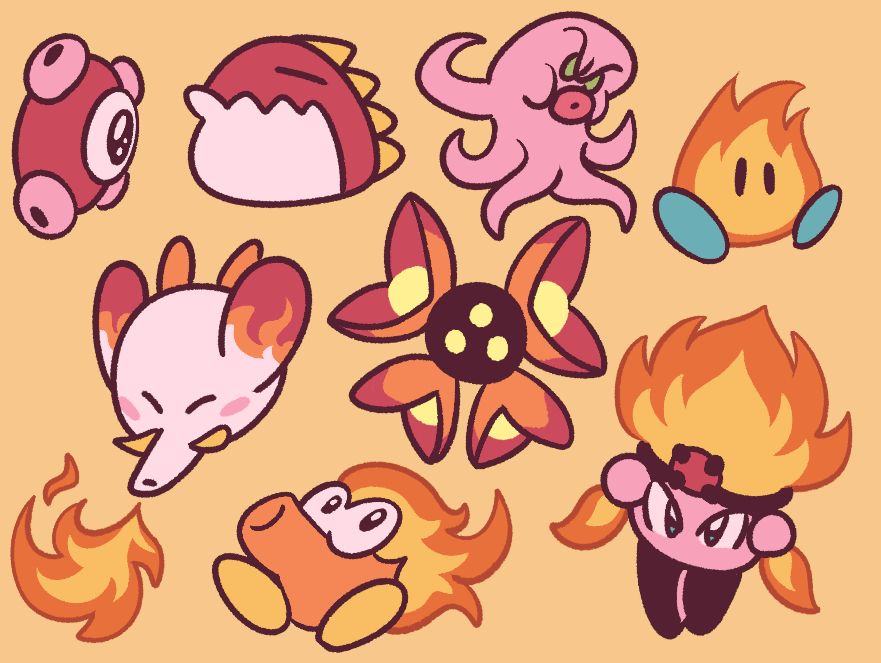 Doodle page of the Primary Providers of the Burning and Fire abilities throughout the Kirby games (Hothead, Flamer, Burning Leo, Bobo, Galbo, Heat Phanphan and Burnbon), along with Octacon from the first episode of the anime.
