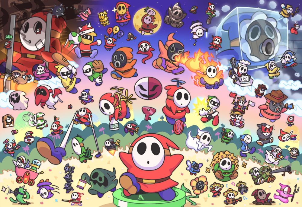 Art of many different Shy Guy and "Guy" adjacent characters including Fly Guy, Snifits, Bandit, Phanto, General Guy, Game Guy, Tweeter, Paper Macho Snifit Outlaw, Snifberg the Unfeeling and more