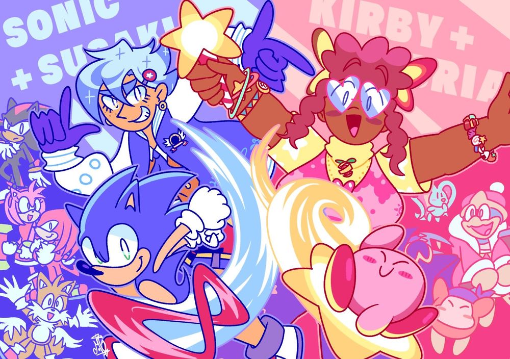 Bria and Susaki from my webcomic Peculaven, the former is dressed in a Kirby inspired outfit while the ladder is dressed like Sonic. Sonic, Tails, Knuckles, Amy, Shadow, Kirby, Bandana Waddle Dee, Meta Knight, Dedede and Elfilin are present in the background as well