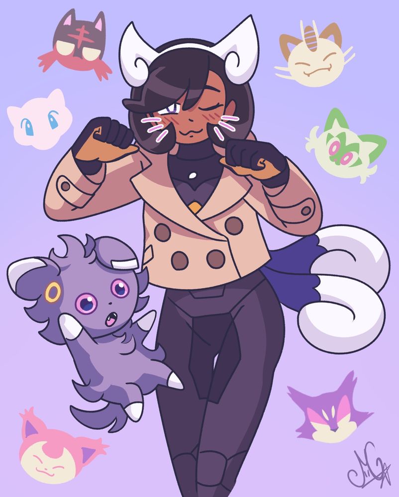 Emma from Pokemon Legends Z-A making a kitty paw gesture with her hands, while wearing cat ears and a tail resembling female Meowstic. She is making a :3 face and her Espurr, Mimi, is jumping with zero thoughts in its head.
The background includes some icons for different cat Pokemon, including Meowth, Mew, Skitty, Purrloin, Litten and Sprigatito