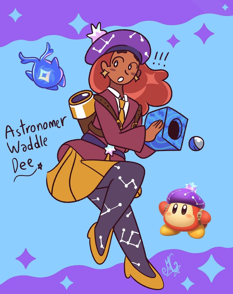 Gijinka design of Astronomer Waddle Dee from Kirby Forgotten Land + Star Crossed World. He has long dark orange hair, and a mauve button-up, with a yellow tie and skirt. He is holding the gotcha capsule box and losing balance after seeing one of the Starries pass him.