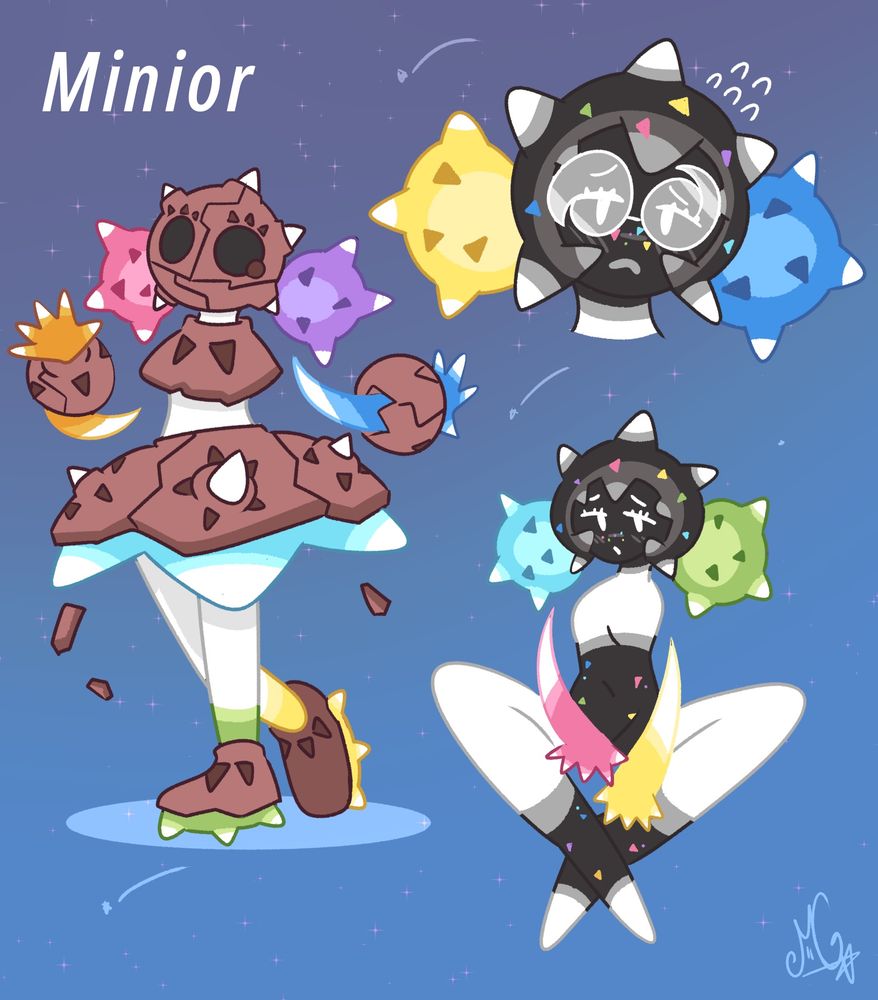 Minior gijinka girl. Her clothes are made up of the cracked meteorite shell while her physical body is black with rainbow freckles, making her a Shiny Minior. She wears glasses inside her shell that are shaped like the pokemon’s swirly eyes. Her hairbuns, arms, skirt and shoes are made up of the other Minior cores (red, orange, yellow, green, blue, indigo and violet) and she can alternate between the different colors.