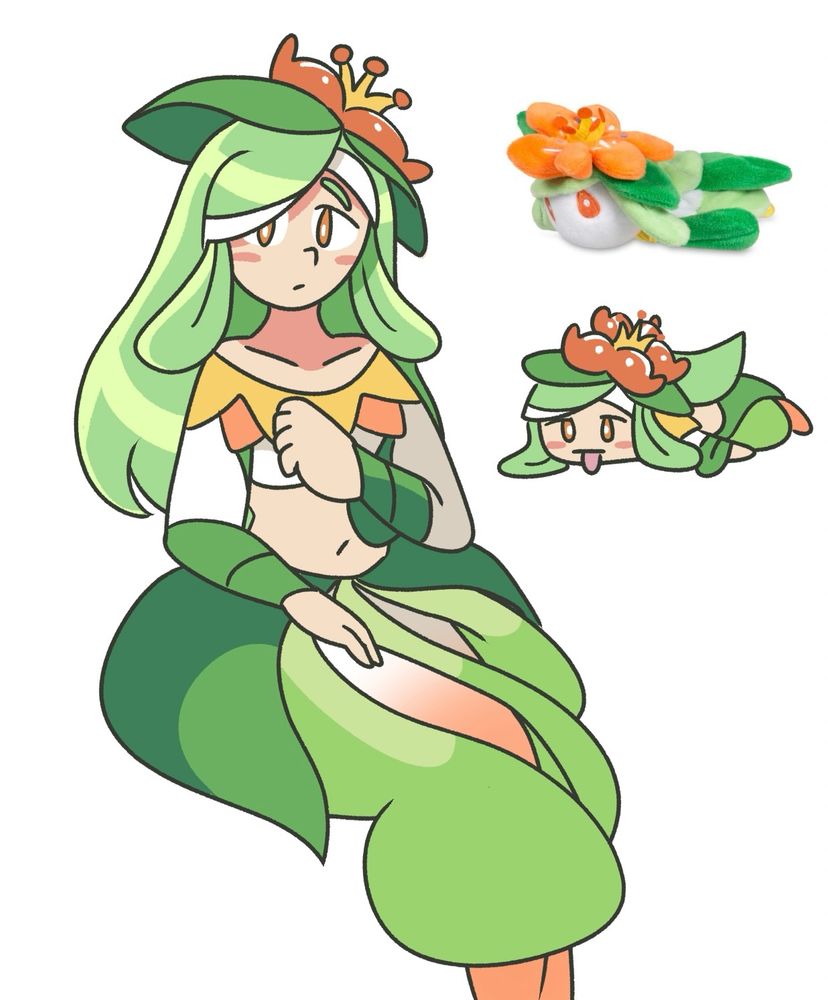 Doodles of my Lilligant gijinka, one of her sitting down politely and another with her laying flat with her tongue out, mimicking the pose of the Kuttari Cutie plush