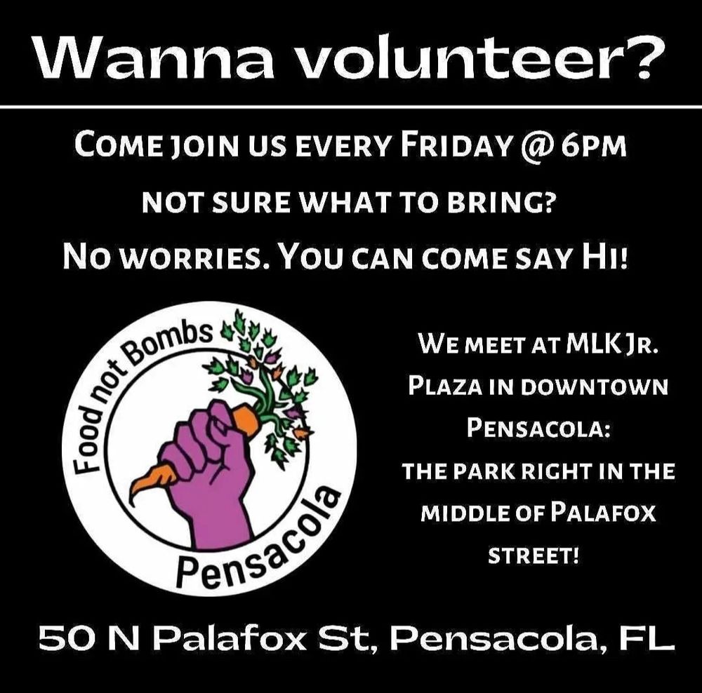 A black graphic with white text and the Food Not Bombs Pensacola logo (a raised purple fist holding an orange carrot) in the bottom left corner. Text reads: "Wanna volunteer? Come join us every Friday at 6 PM. Not sure what to bring? No worries. You can come say hi! We meet at MLK Jr. Plaza in downtown Pensacola: The park right in the middle of Palafox Street! 50 N. Palafox St, Pensacola, FL".