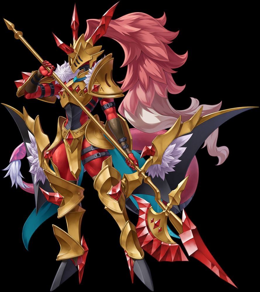 I'll be honest I don't know what digimon this is but imagine a lady in a very pointy golden suit of armor with a huge poleaxe