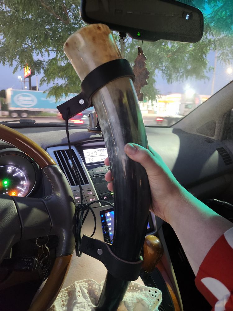 A picture of myself holding a war horn in my car