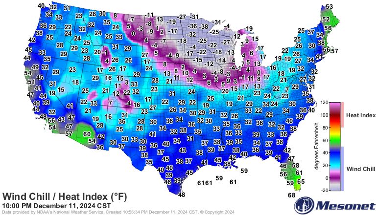 National map of wind chill temperatures