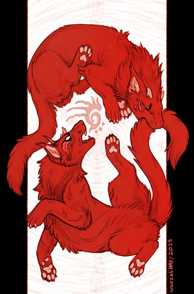 Two red canine-like creatures with long tails, one bites down on the other's tail.