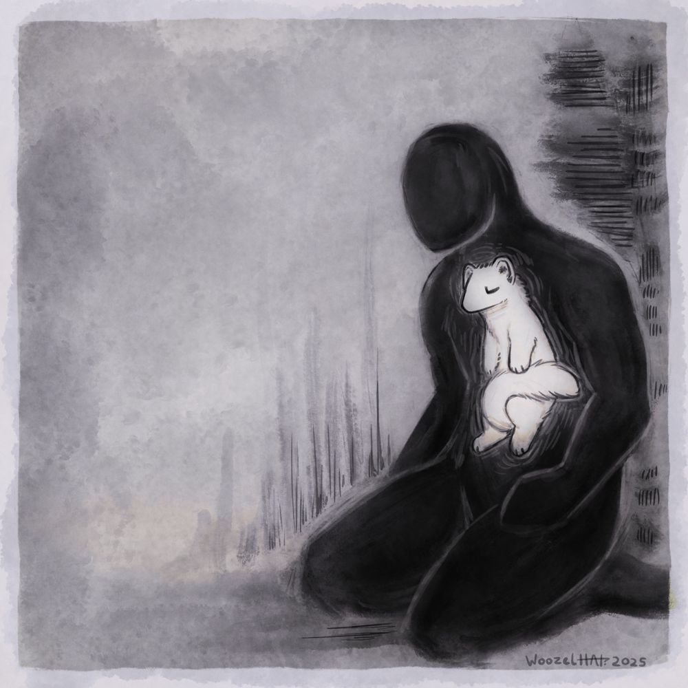 A black and white image of a dark figure with a pale mustelid-like creature in their chest. 
