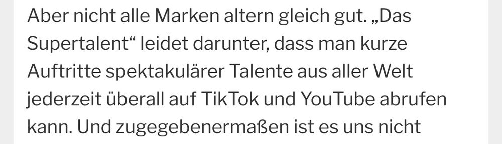 Screenshot von DWDL.de: "'Das Supertalent' leidet darunter, dass man kurze Auftritte spektakulärer Talente aus aller Welt jederzeit überall auf TikTok und YouTube abrufen kann."