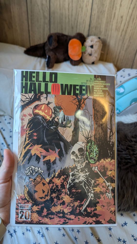 "Hello Halloween" comic book by BOOM Studios.
In the background: my cat in a cone and a sea otter plush holding a pumpkin.
