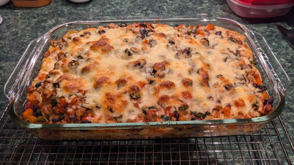 A tortilla lasagna fresh out of the oven. It looks fucking amazing.