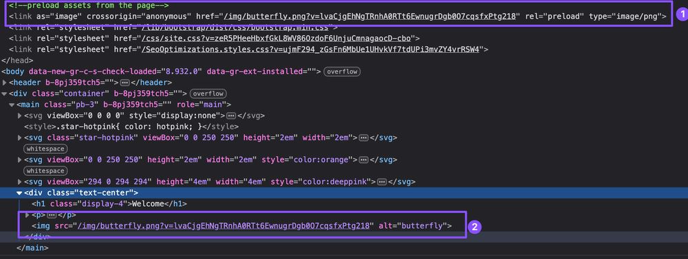 Final HTML output showing preload and img tag later on the page.