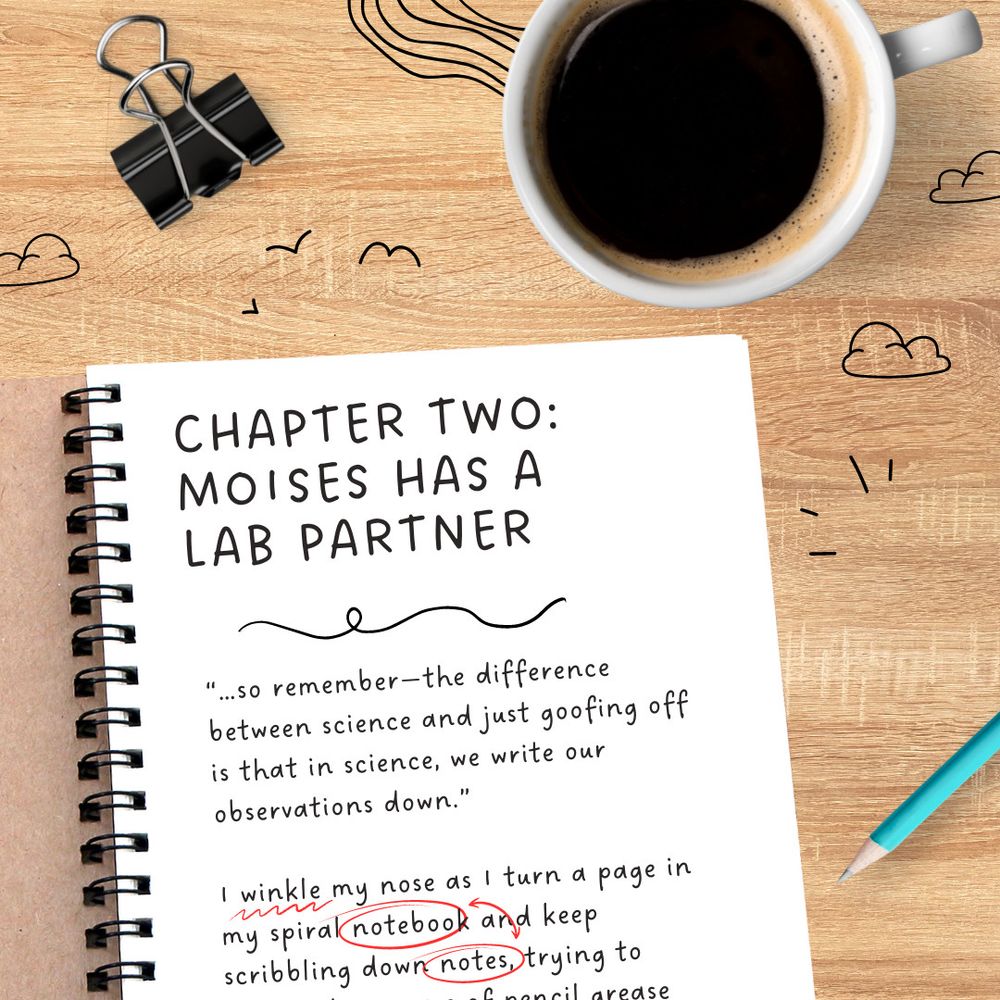 A graphic of a spiral notebook with handwritten text from a story on it. A misspelled word is underlined in red and two instances of similar words in the same paragraph have been circled and an arrow drawn between them.