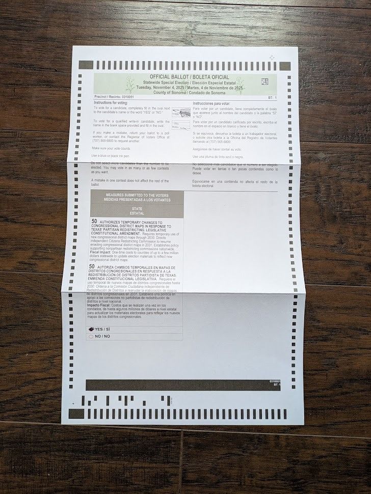 A California 2025 Special Election ballot, filled out, indicating a "Yes" vote on Prop 50.