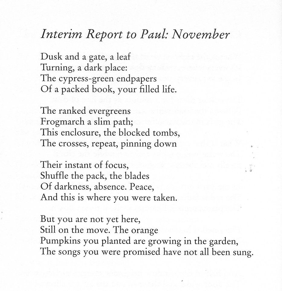 Eiléan Ní Chuilleanáin poem, 'Interim Report to Paul: November'

