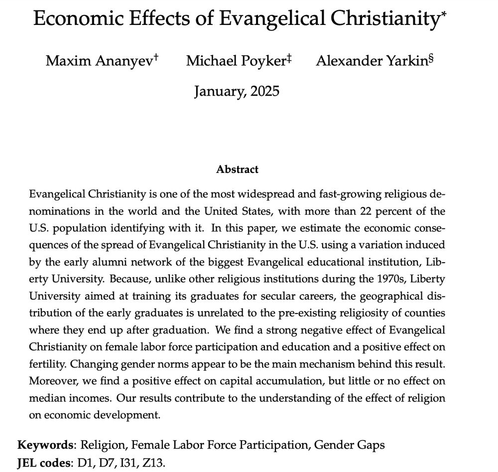 An abstract: we show that Evangelical movement decreased female labour force participation.