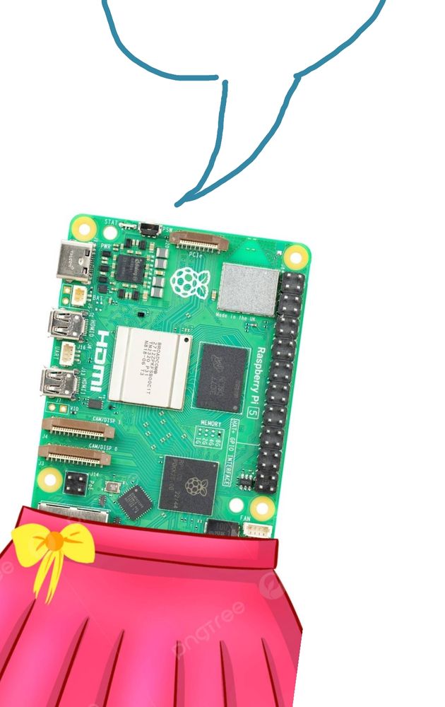 a raspberry pi 5 in a pink skirt with a speech bubble above it