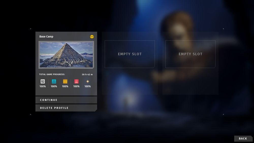 a screenshot from the game The Talos Principle 2. it is the save files screen, with one out of three slots being used. the first slot shows 100% under all 5 puzzle categories, showing "total game progress 38 hours 42 minutes"