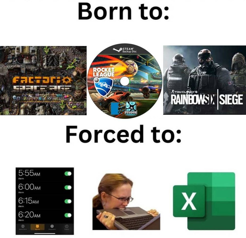 Meme: Born to, Forced to. Under Born to, there is a picture of the games Factorio, Rocket League, and Rainbow Six Siege. Under Forced to, there is a screenshot of a bunch of alarms on a phone, a woman biting the touchpad of a laptop in distress, and the Microsoft Excel logo.