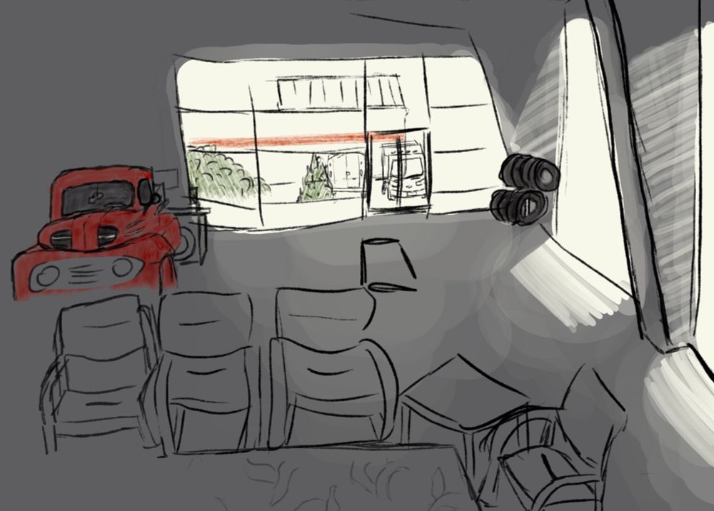 a drawing by me of the inside of an auto shop. there are multiple large windows letting in lots of "light" (white color) and also a red truck inside the building