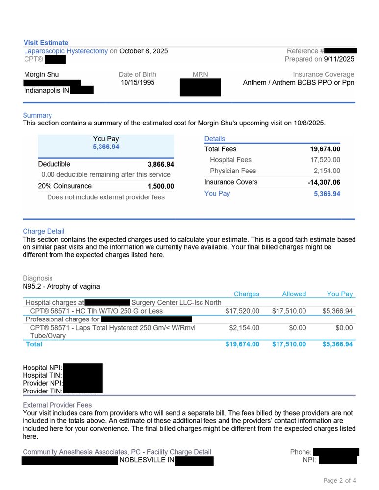 A medical estimate for a total hysterectomy surgery, which amounts to USD$5,366.94.