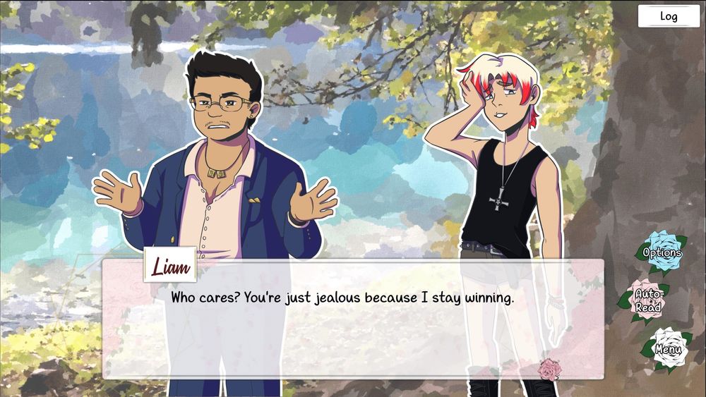 A screenshot from Good Lord! Everyone at the Reunion For My Religious All-Girls School Is a Trans Man... And They're Hot?!, in which Elias and Liam stand in front of a lake. Elias, a Filipino trans man in a blue suit, has his arms open and hands spread out with an annoyed expression while Liam, a Caucasian trans man in a black tank top and extremely small shorts, has his right hand against his palm looking smug. Liam says, "Who cares? You're just jealous because I stay winning."