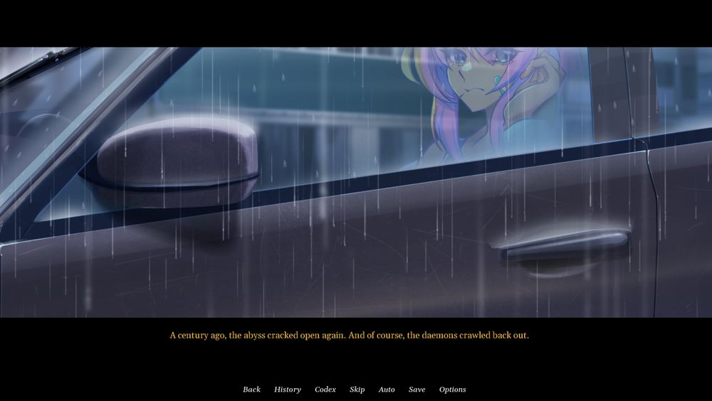 A CG of a girl sitting in a car while it rains. The text reads, "A century ago, the abyss cracked open again. And of course, the daemons crawled back out."