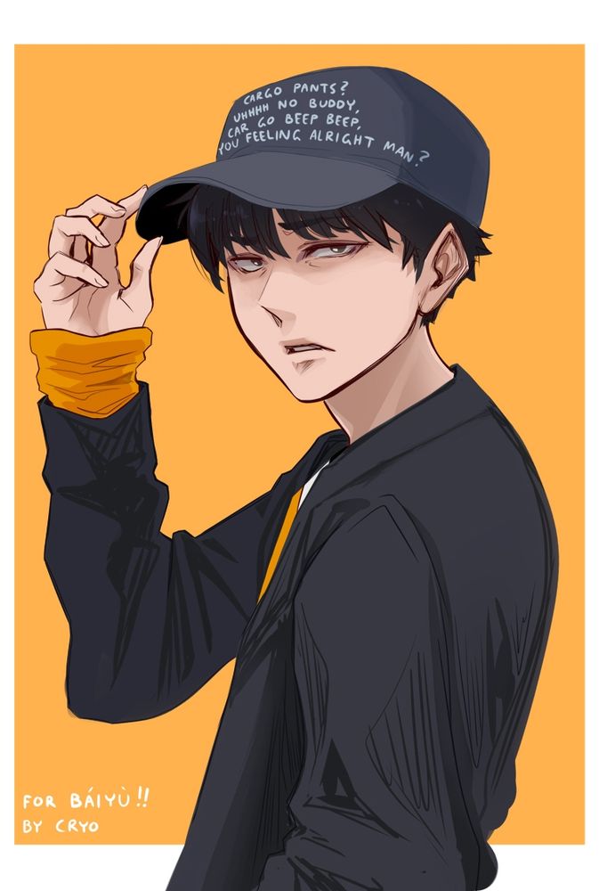 Noto Gin from The Caligula Effect 2 looking at the viewer with concern. Instead of his usual yellow baseball cap, he is wearing a black baseball cap that reads "Cargo Pants? Uhhhh no buddy. Car go beep beep, you feeling alright man?"