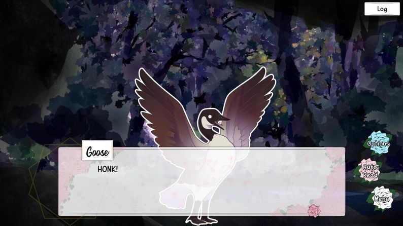 A screenshot from Good Lord! Everyone at the Reunion For My Religious All-Girls School Is a Trans Man... And They're Hot?!, in which Irene comes face to face with a goose in the middle of the forest at night. The goose, wings spread with a look of surprise, says "HONK!"