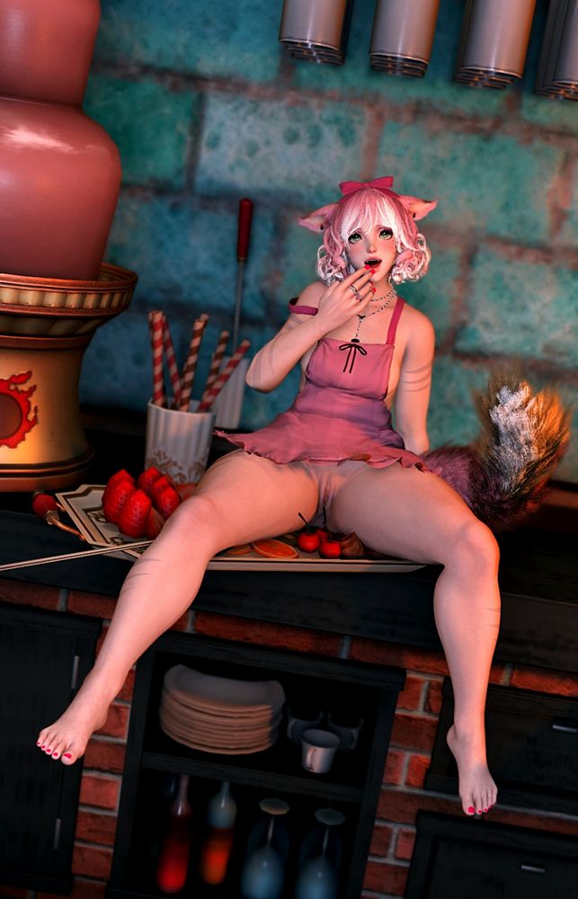 pink curled hair miqote cat girl sitting on a fruit tray with legs open with only wear wearing baking apron