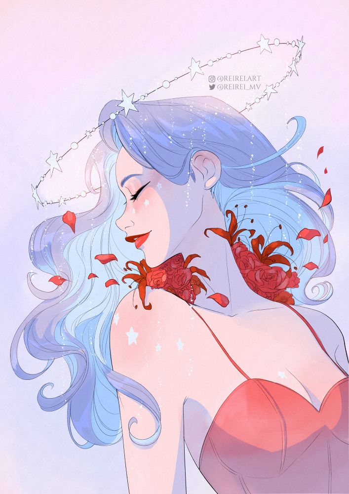Ilustración acabada de una chica mirando hacia un lado, de perfil con el cuerpo orientado hacia el lado contrario. Con pelo azul volando al viento y flores rojas en el cuello. Algunos pétales salen volando.Tiene estrellas a su alrededor, en las mejillas y en el brazo. Caen brillos desde la parte superior