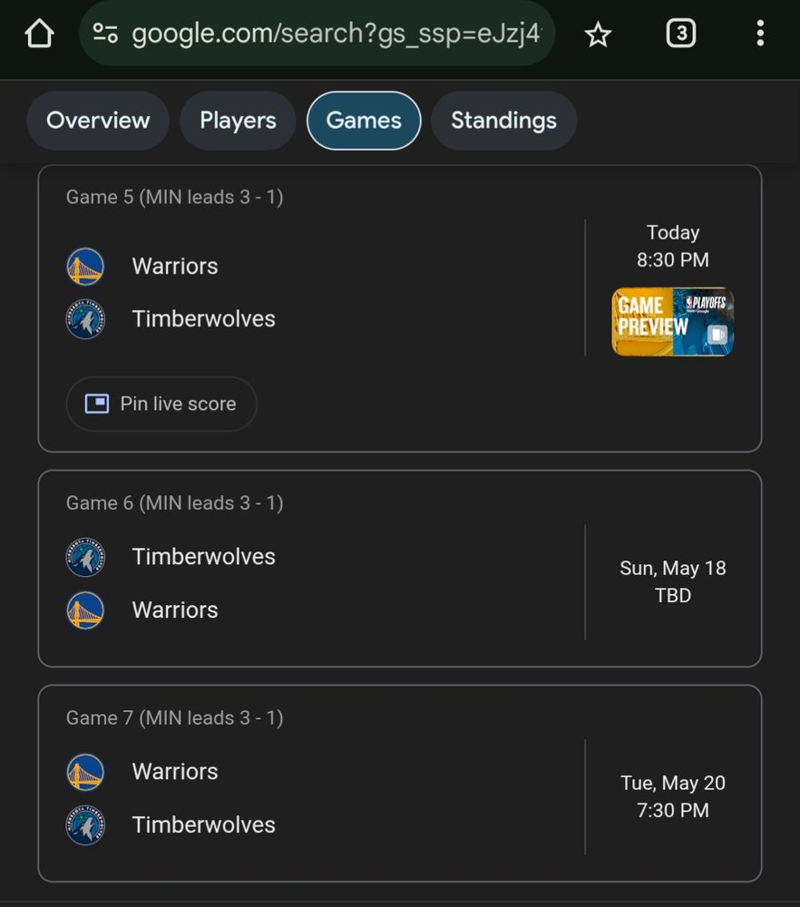 A screenshot of the Google schedule for games 5, 6, and 7 for the playoffs. It shows time listed for the game tonight, TBD for game 6, but a time for Game 7.