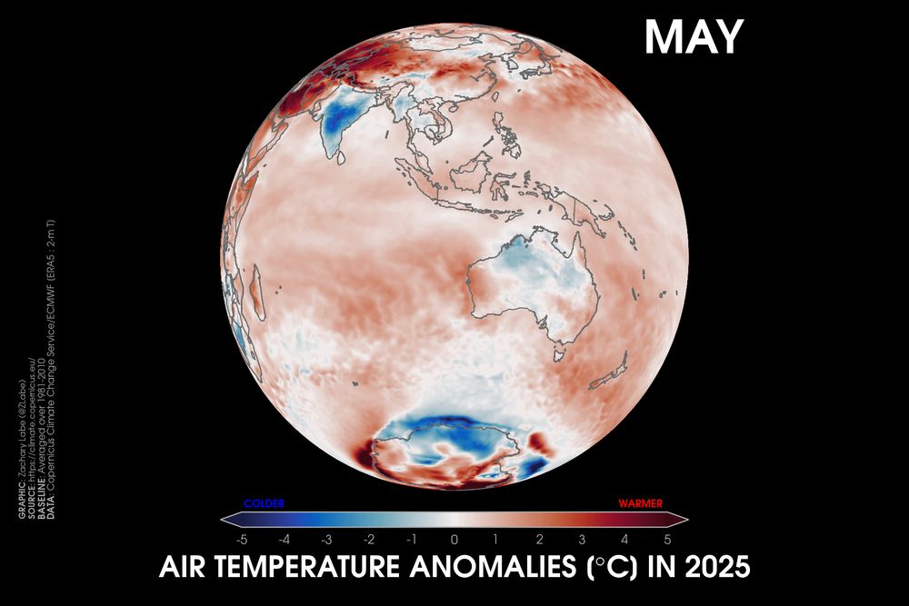 Orthographic map showing 2-m air temperature anomalies in May 2025 relative to a 1981-2010 baseline using ERA5 data. This visualization shows Australia, Antarctica, and Asia. Most areas are warmer than average, except for parts of Australia and Antarctica.