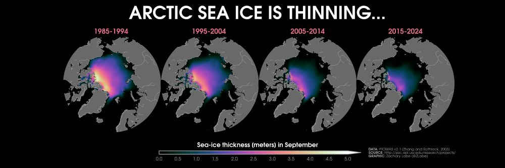 Four polar stereographic maps showing Arctic sea ice thickness for the month of September in 1985-1994, 1995-2004, 2005-2014, and 2015-2024. Thickness is shown with colors from black at 0 meters to purple at 2.5 meters to white at 5.0 meters. Sea ice in thinning in all regions over time. 
