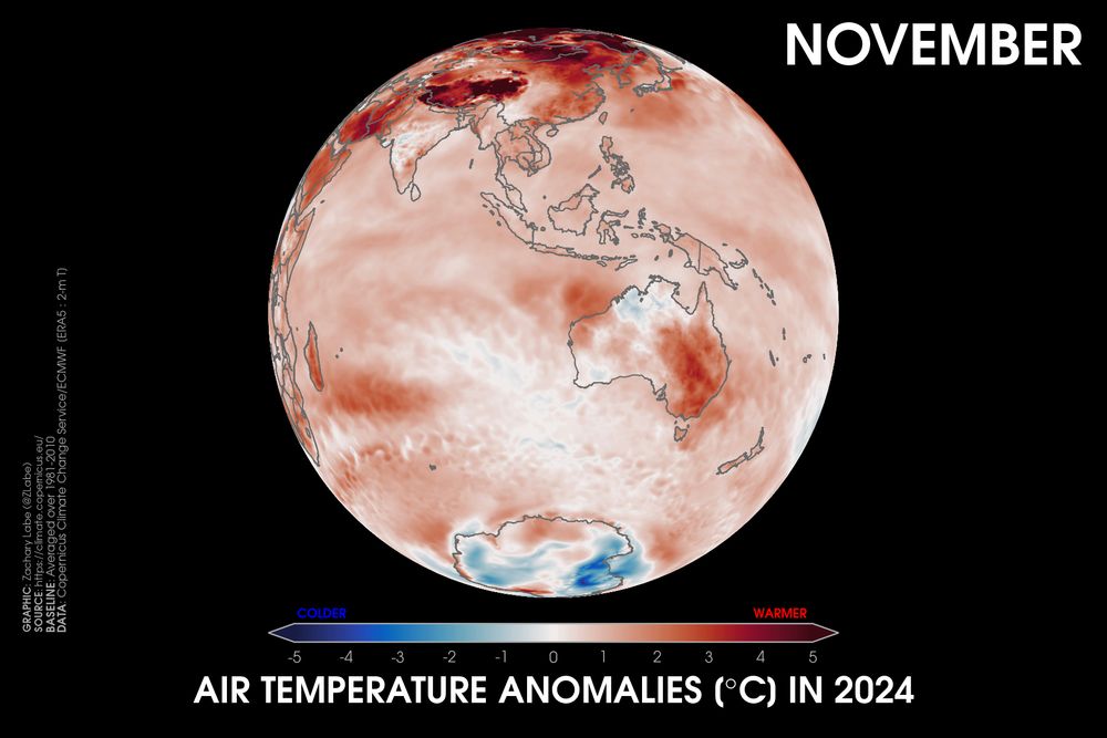 Orthographic map showing 2-m air temperature anomalies in November 2024 relative to a 1981-2010 baseline using ERA5 data. This visualization shows Australia, Antarctica, and Asia. Most areas are warmer than average.