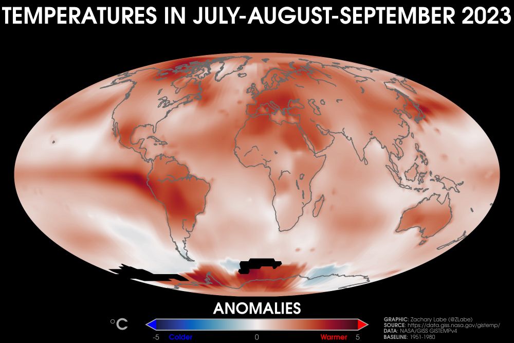 Global map showing surface air temperature anomalies for the July 2023 to August 2023 period. Most all areas are warmer than average using a 1951-1980 climate baseline, except for parts of the Antarctic.